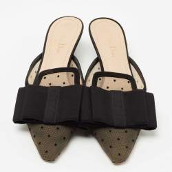 Dior Black Polka Dot Mesh and Canvas Bow Pointed Toe Mules Size 37