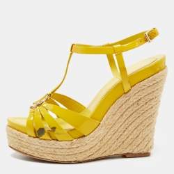 Pre Owned Dior Yellow Patent Leather CD T-Strap Espadrille Wedge Sandals Size 36.5