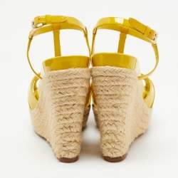 Pre Owned Dior Yellow Patent Leather CD T-Strap Espadrille Wedge Sandals Size 36.5