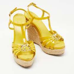 Pre Owned Dior Yellow Patent Leather CD T-Strap Espadrille Wedge Sandals Size 36.5