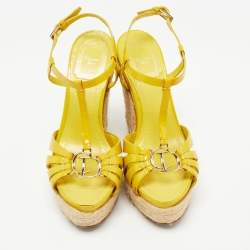 Pre Owned Dior Yellow Patent Leather CD T-Strap Espadrille Wedge Sandals Size 36.5
