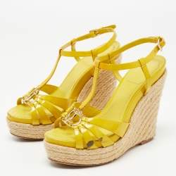 Pre Owned Dior Yellow Patent Leather CD T-Strap Espadrille Wedge Sandals Size 36.5