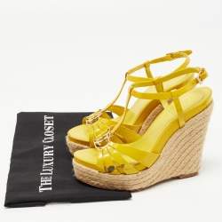 Pre Owned Dior Yellow Patent Leather CD T-Strap Espadrille Wedge Sandals Size 36.5