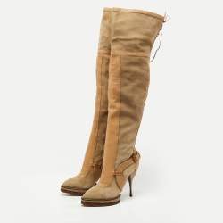 Pre Owned Dior Beige/Grey Suede and Leather Knee Length Boots Size 41