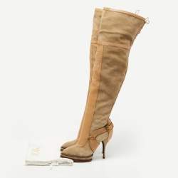 Pre Owned Dior Beige/Grey Suede and Leather Knee Length Boots Size 41