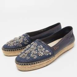 Pre Owned Dior Blue/Black Denim and Leather Espradrille Flats Size 38.5