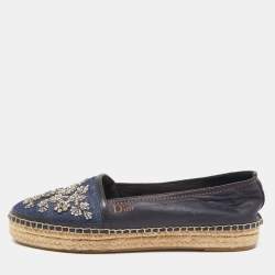 Pre Owned Dior Blue/Black Denim and Leather Espradrille Flats Size 38.5