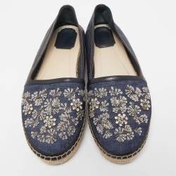 Pre Owned Dior Blue/Black Denim and Leather Espradrille Flats Size 38.5