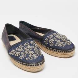 Pre Owned Dior Blue/Black Denim and Leather Espradrille Flats Size 38.5