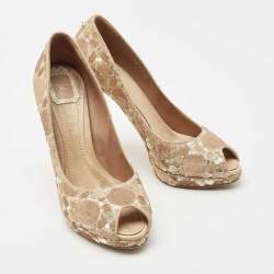 Pre Owned Dior Gold Sequin Embellished Satin Peep Toe Platform Pumps Size 40