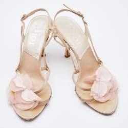 Pre Owned Dior Beige Satin Flower Embellished Sandals Size 38