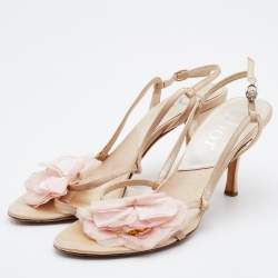Pre Owned Dior Beige Satin Flower Embellished Sandals Size 38