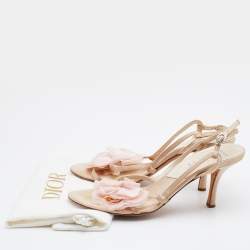 Pre Owned Dior Beige Satin Flower Embellished Sandals Size 38