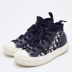 Pre Owned Dior Blue Knit Fabric and Leather Walk'n'Dior High Top Sneakers Size 35.5