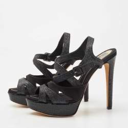 Pre Owned Dior Black Satin and Glitter Platform Ankle Strap Sandals Size 40
