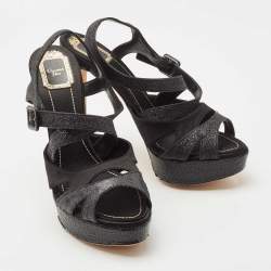 Pre Owned Dior Black Satin and Glitter Platform Ankle Strap Sandals Size 40