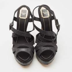 Pre Owned Dior Black Satin and Glitter Platform Ankle Strap Sandals Size 40