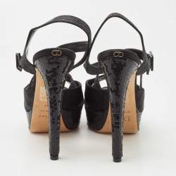 Pre Owned Dior Black Satin and Glitter Platform Ankle Strap Sandals Size 40