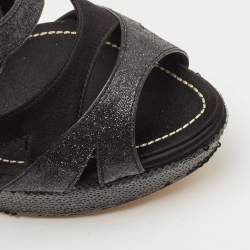 Pre Owned Dior Black Satin and Glitter Platform Ankle Strap Sandals Size 40