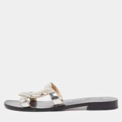 Pre Owned Dior Silver Leather Slide Flats Size 36.5