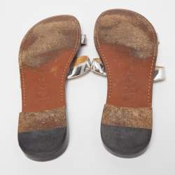 Pre Owned Dior Silver Leather Slide Flats Size 36.5