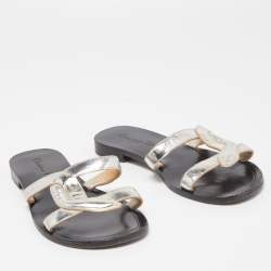 Pre Owned Dior Silver Leather Slide Flats Size 36.5