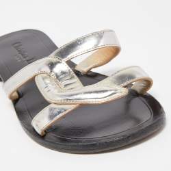 Pre Owned Dior Silver Leather Slide Flats Size 36.5