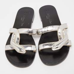 Pre Owned Dior Silver Leather Slide Flats Size 36.5