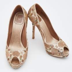 Christian Dior Gold/Bronze Sequin Embellished Satin Peep Toe Platform Pumps Size 37.5