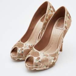 Christian Dior Gold/Bronze Sequin Embellished Satin Peep Toe Platform Pumps Size 37.5