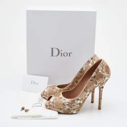 Christian Dior Gold/Bronze Sequin Embellished Satin Peep Toe Platform Pumps Size 37.5