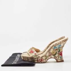 Dior Brown/Beige Oblique Canvas Floral Embroidered Wedge Sandals Size 37.5