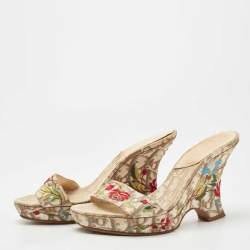 Dior Brown/Beige Oblique Canvas Floral Embroidered Wedge Sandals Size 37.5