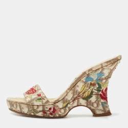 Dior Brown/Beige Oblique Canvas Floral Embroidered Wedge Sandals Size 37.5
