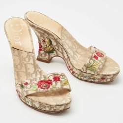 Dior Brown/Beige Oblique Canvas Floral Embroidered Wedge Sandals Size 37.5