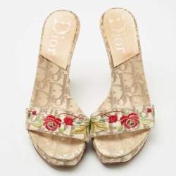 Dior Brown/Beige Oblique Canvas Floral Embroidered Wedge Sandals Size 37.5