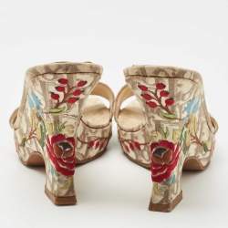 Dior Brown/Beige Oblique Canvas Floral Embroidered Wedge Sandals Size 37.5