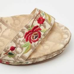 Dior Brown/Beige Oblique Canvas Floral Embroidered Wedge Sandals Size 37.5