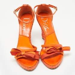 Pre Owned Dior Orange Canvas and Leather Wedge Ankle Strap Sandals