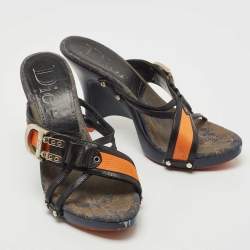 Dior Navy Blue/Orange Canvas and Leather  Wedge Sandals Size 38