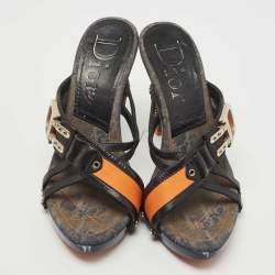 Dior Navy Blue/Orange Canvas and Leather  Wedge Sandals Size 38