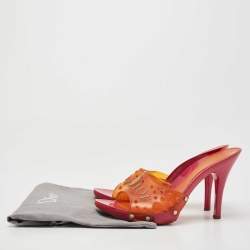 Dior Orange/Pink Perforated PVC Logo Embossed Peep Toe Slides Size 38.5