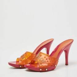 Dior Orange/Pink Perforated PVC Logo Embossed Peep Toe Slides Size 38.5