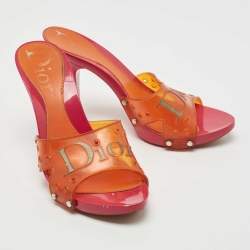 Dior Orange/Pink Perforated PVC Logo Embossed Peep Toe Slides Size 38.5