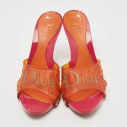 Dior Orange/Pink Perforated PVC Logo Embossed Peep Toe Slides Size 38.5