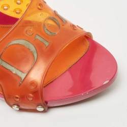 Dior Orange/Pink Perforated PVC Logo Embossed Peep Toe Slides Size 38.5