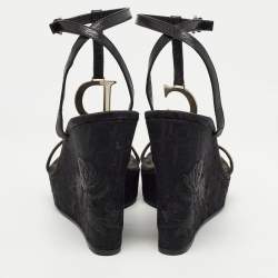 Dior Black Leather Floral Embroidered Wedge Ankle Wrap Sandals Size 38