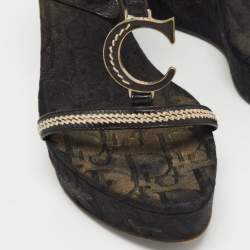 Dior Black Leather Floral Embroidered Wedge Ankle Wrap Sandals Size 38