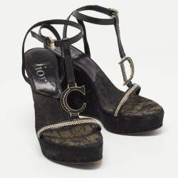 Dior Black Leather Floral Embroidered Wedge Ankle Wrap Sandals Size 38
