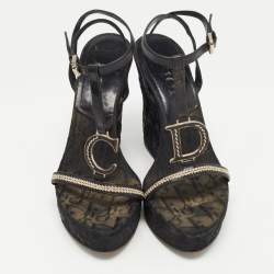 Dior Black Leather Floral Embroidered Wedge Ankle Wrap Sandals Size 38